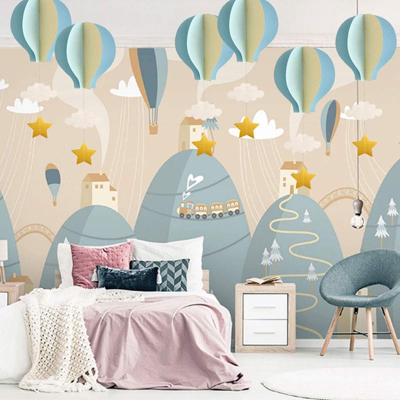 REOLAN Hot Air Balloon Garland Decorations - 8 Pack Large Size Pastel Cloud Hot Air Balloon 3D Paper Garland Hanging Decorations for Wedding, Birthday, Baby Shower, Christmas Party - Blue - Image 4